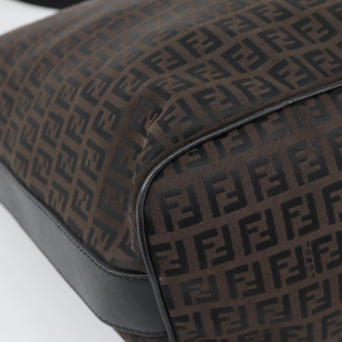 FENDI Zucchino Canvas Shoulder Bag Brown Silver Auth 189932A