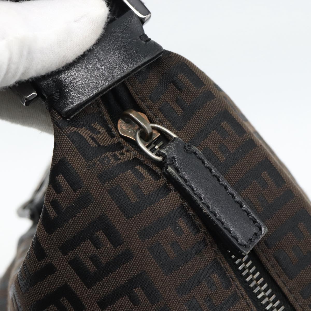 FENDI Zucchino Canvas Shoulder Bag Brown Silver Auth 189932A