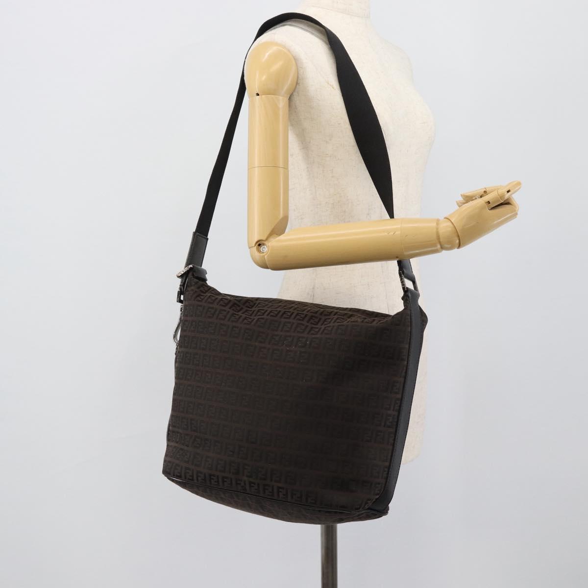 FENDI Zucchino Canvas Shoulder Bag Brown Silver Auth 189932A