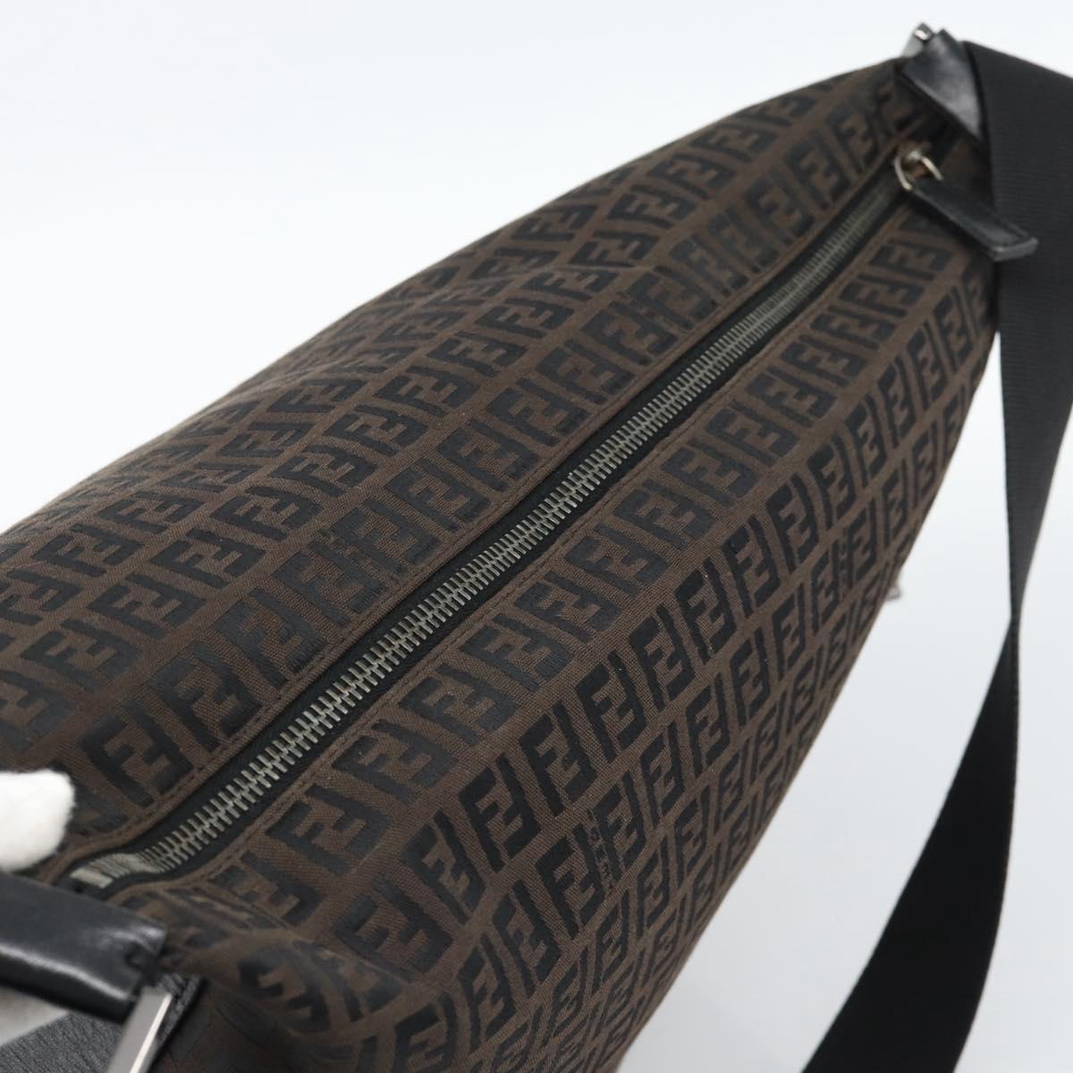FENDI Zucchino Canvas Shoulder Bag Brown Silver Auth 189932A