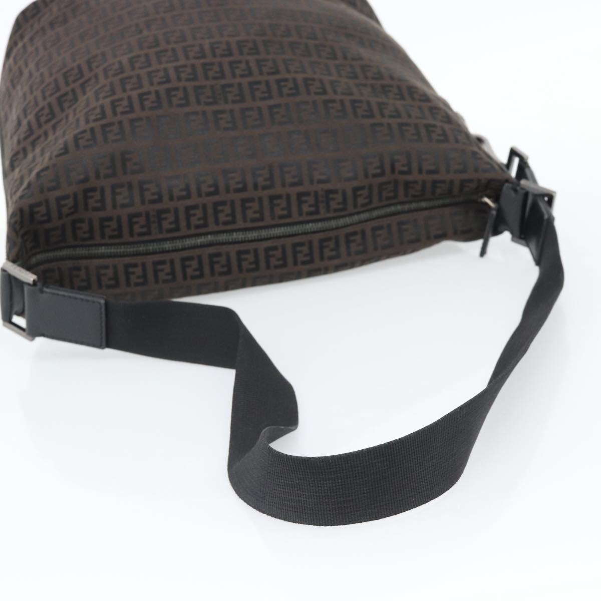 FENDI Zucchino Canvas Shoulder Bag Brown Silver Auth 189932A