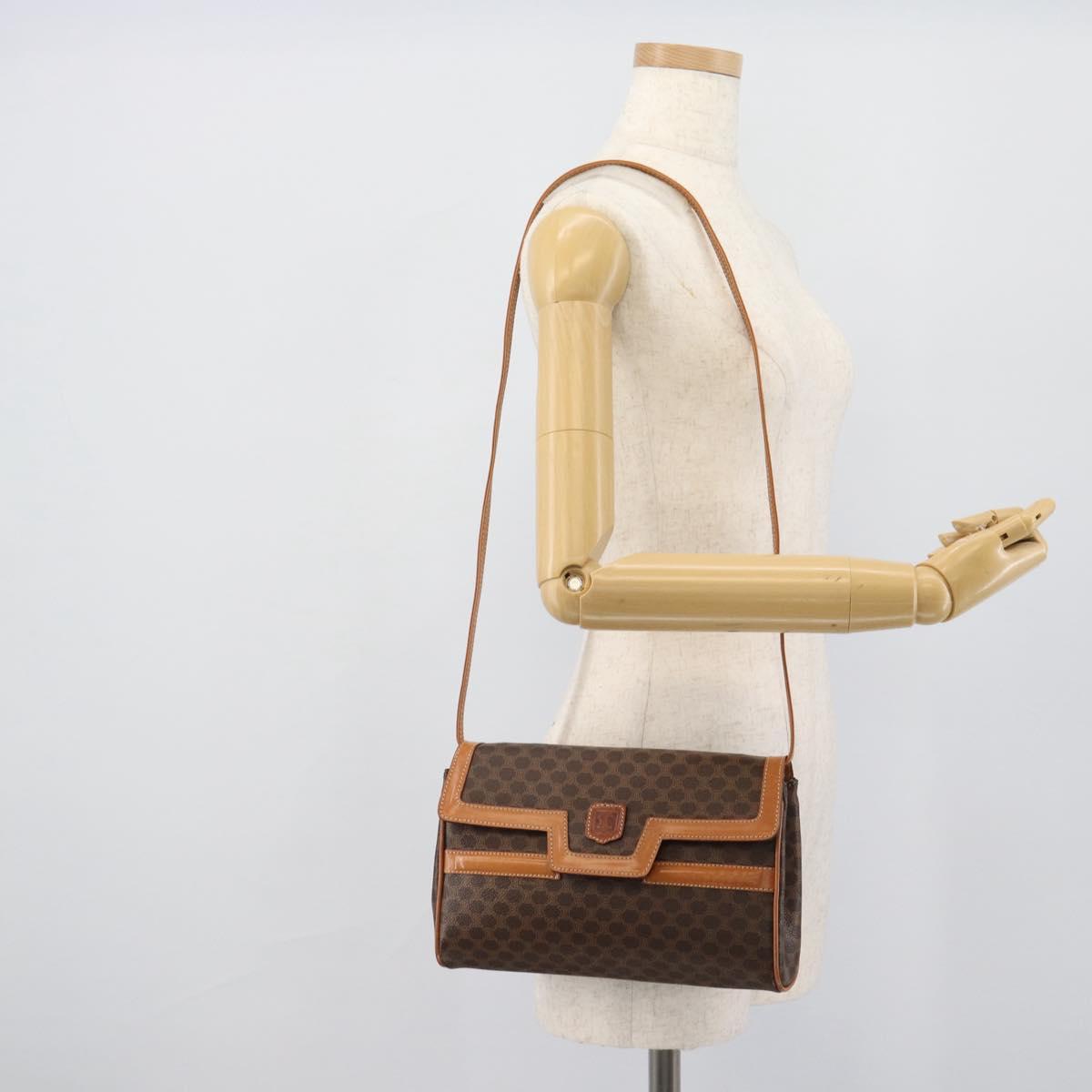 CELINE Macadam Canvas Shoulder Bag PVC Leather Brown Gold Auth 189934