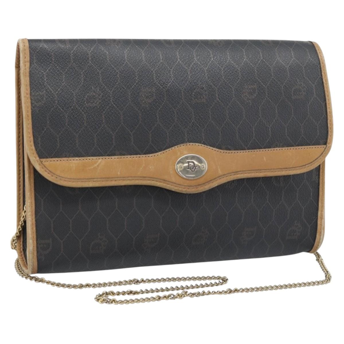 Christian Dior Honeycomb Canvas Chain Shoulder Bag PVC Black Gold Auth 189935
