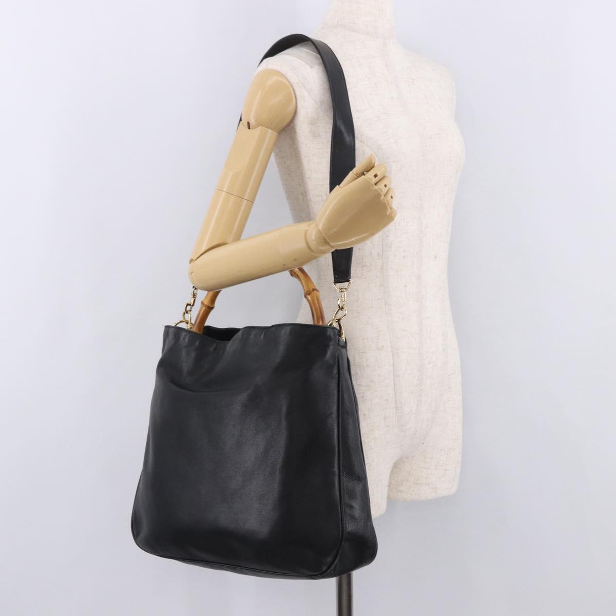 GUCCI Bamboo Shoulder Bag Leather 2way Black Gold 001 3444 1577 Auth 189938