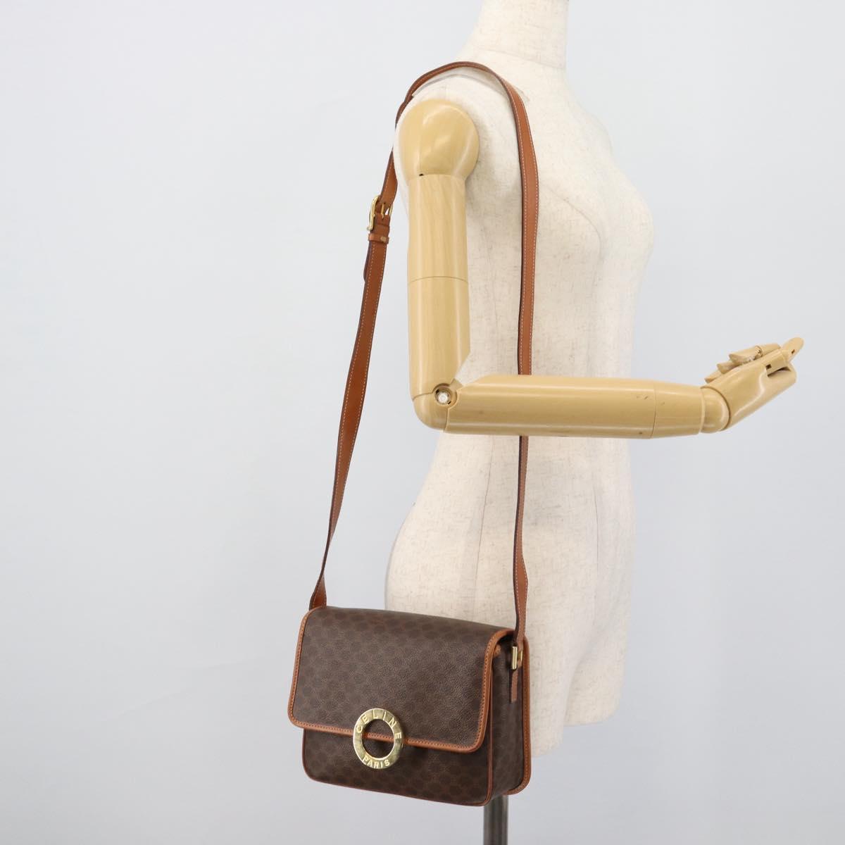 CELINE Macadam Canvas Circle Shoulder Bag PVC Leather Brown Gold Auth 189954A