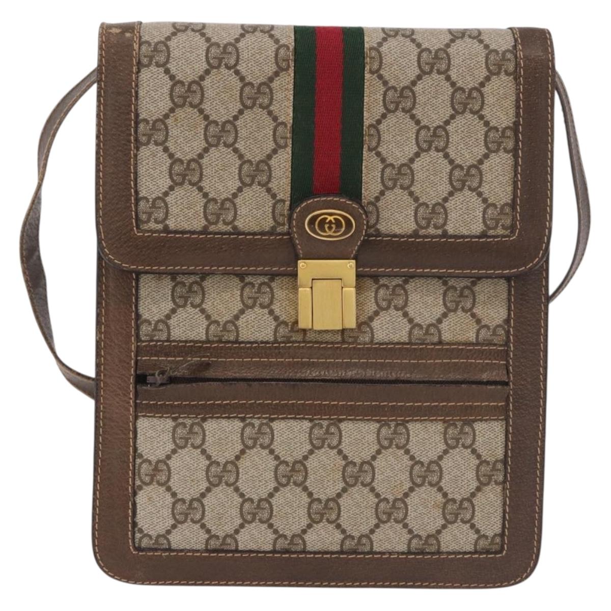 GUCCI GG Supreme Web Sherry Line Shoulder Bag PVC Beige Gold Auth 189976