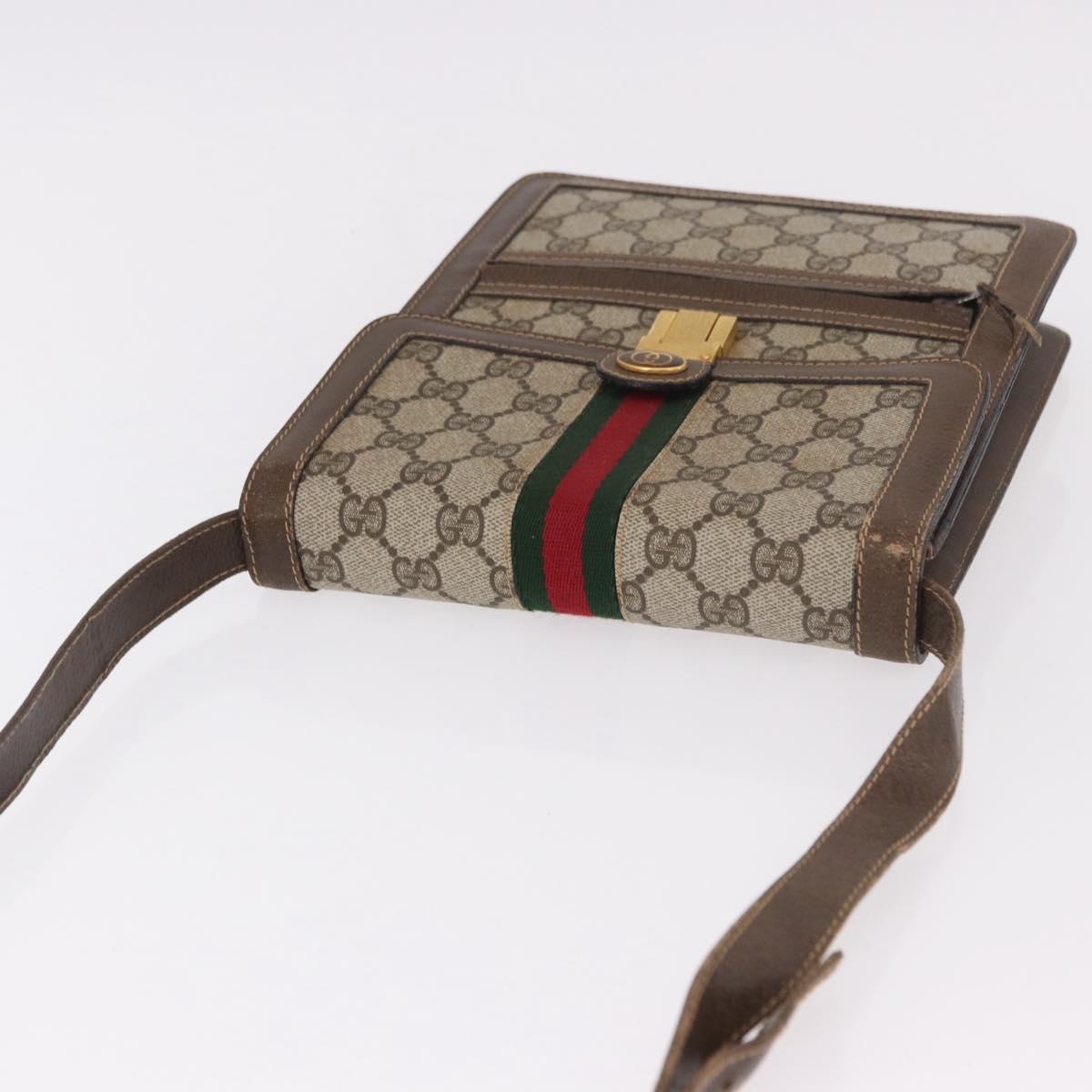 GUCCI GG Supreme Web Sherry Line Shoulder Bag PVC Beige Gold Auth 189976