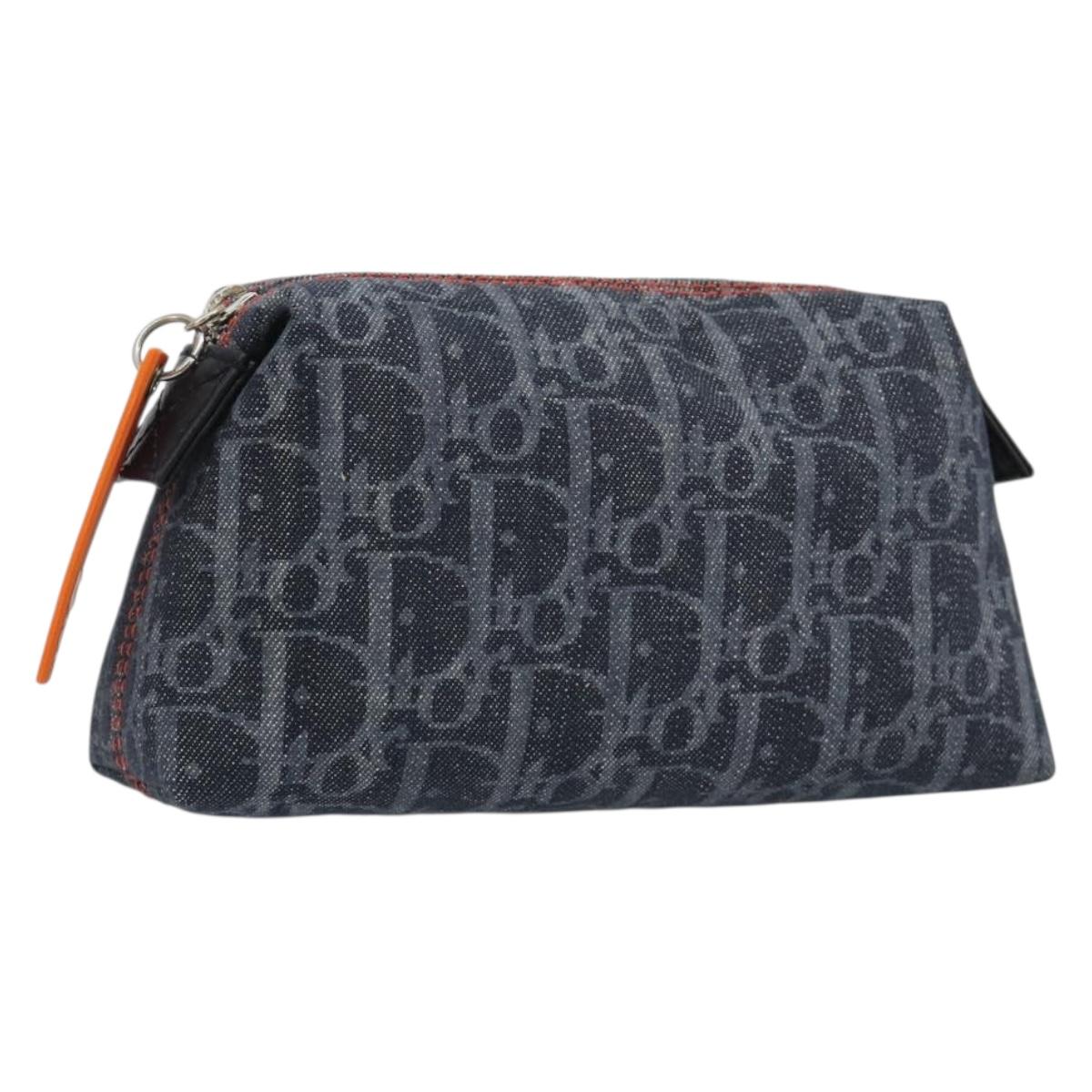 Christian Dior Trotter Canvas Cosmetic Pouch Denim Navy Silver Auth 189982A