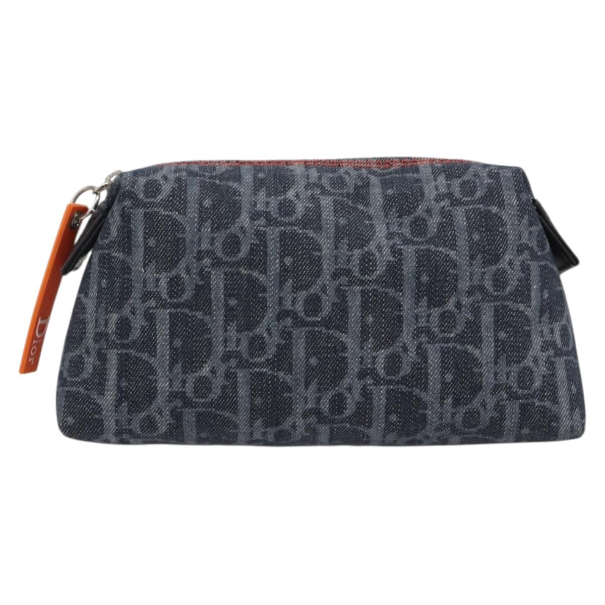Christian Dior Trotter Canvas Cosmetic Pouch Denim Navy Silver Auth 189982A