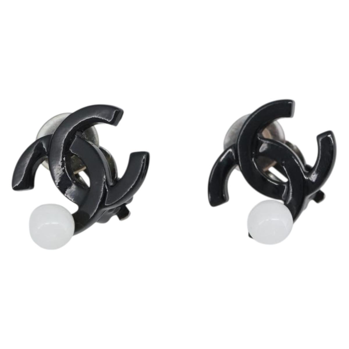 CHANEL COCO Mark Earring Metal Black CC Auth 189989A