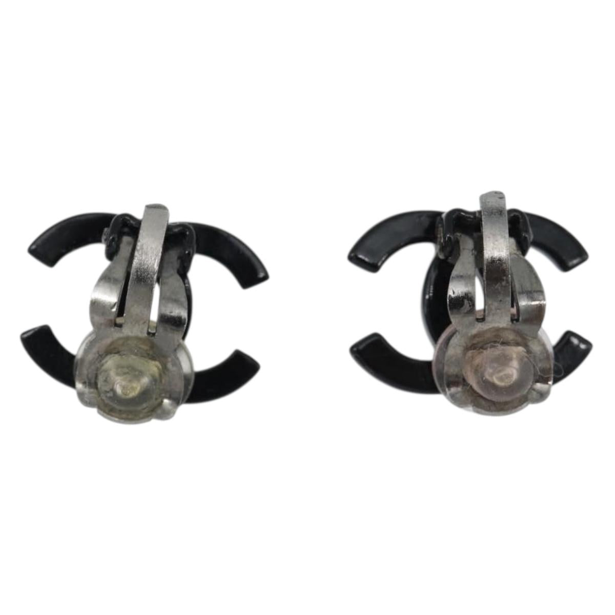 CHANEL COCO Mark Earring Metal Black CC Auth 189989A