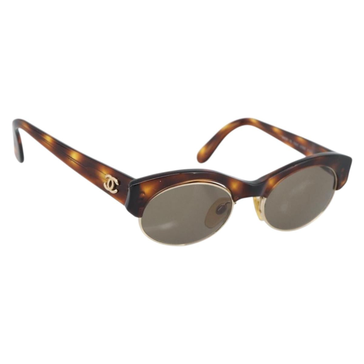 CHANEL COCO Mark Sunglasses Plastic Brown Gold CC Auth 189997M