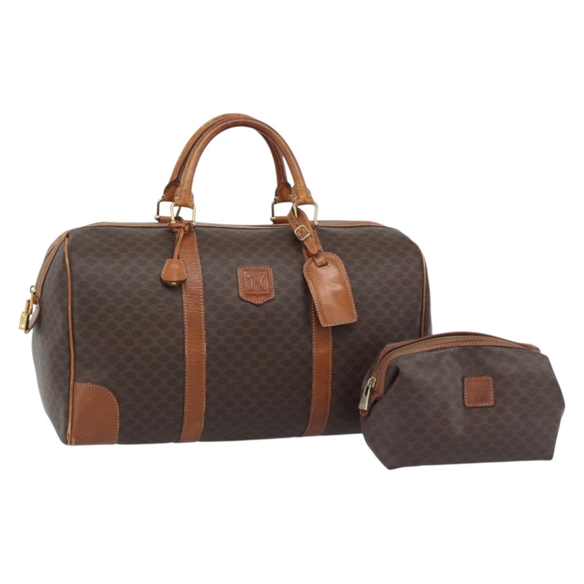 CELINE Macadam Canvas Boston Bag PVC Leather 2 Set Brown Gold Auth 190000