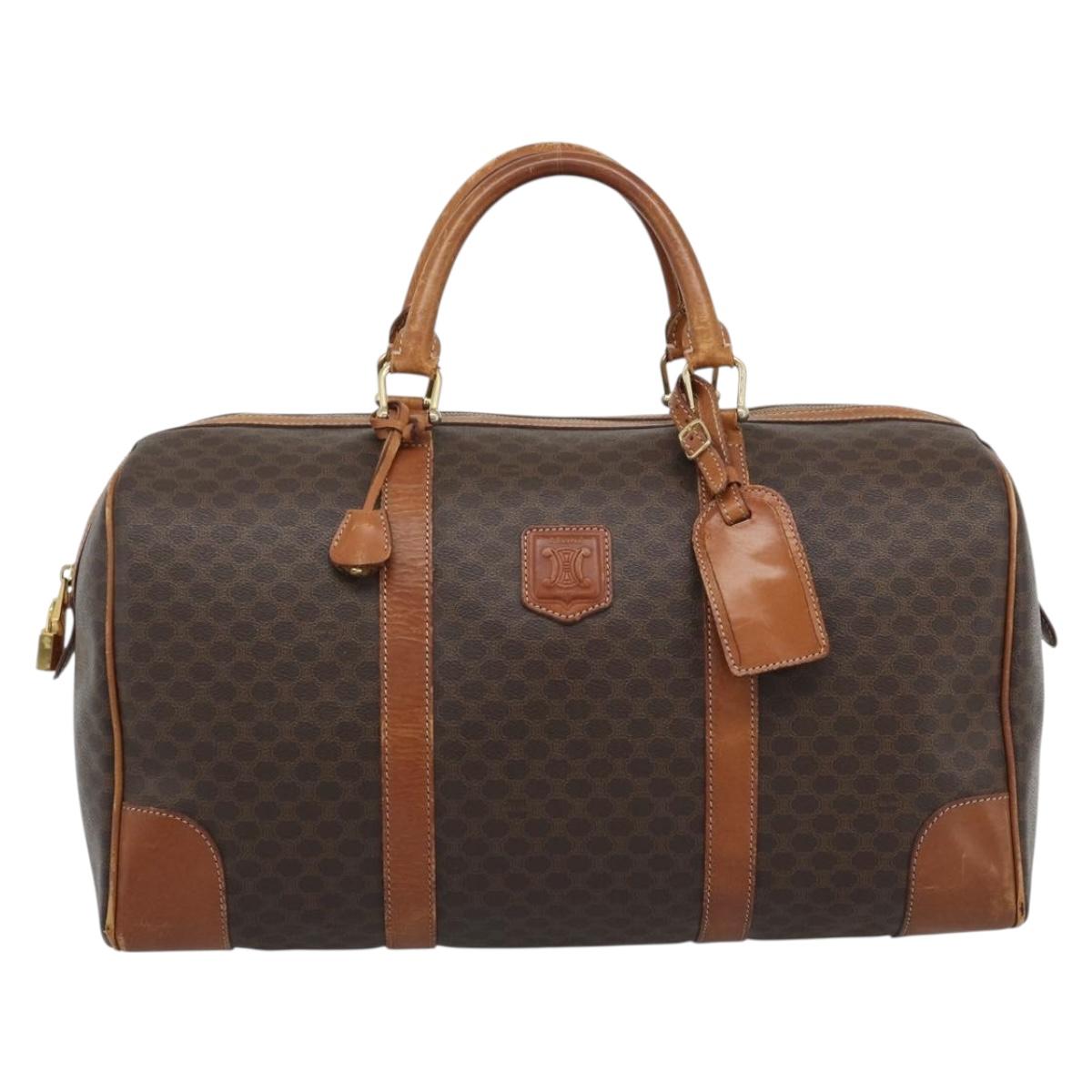 CELINE Macadam Canvas Boston Bag PVC Leather 2 Set Brown Gold Auth 190000