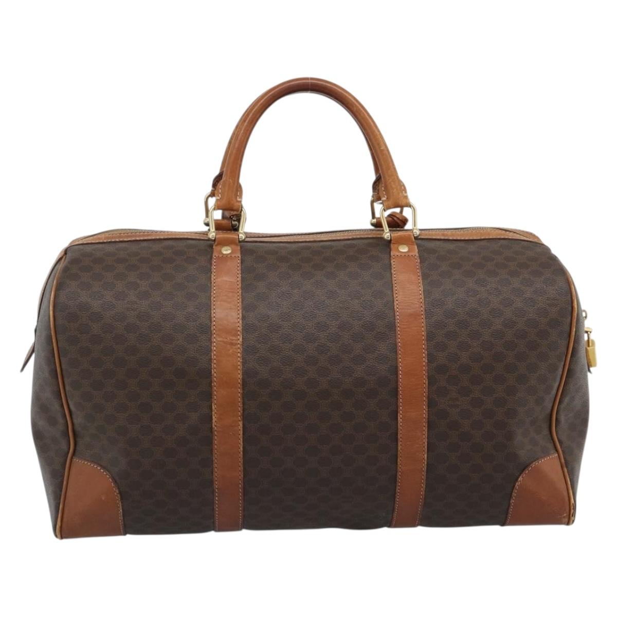 CELINE Macadam Canvas Boston Bag PVC Leather 2 Set Brown Gold Auth 190000