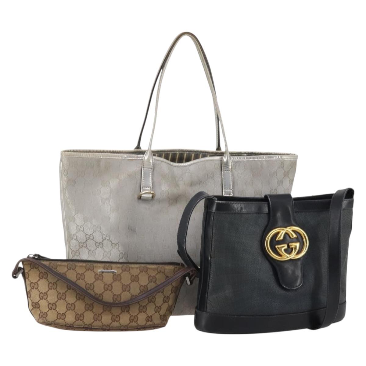 GUCCI GG Canvas Hand Bag PVC 3 Set Black Beige Silver Auth 190003