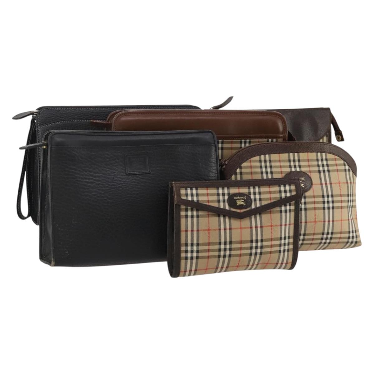 Burberrys Nova Check Clutch Bag Nylon Leather Canvas 6 Set Beige Auth 190007