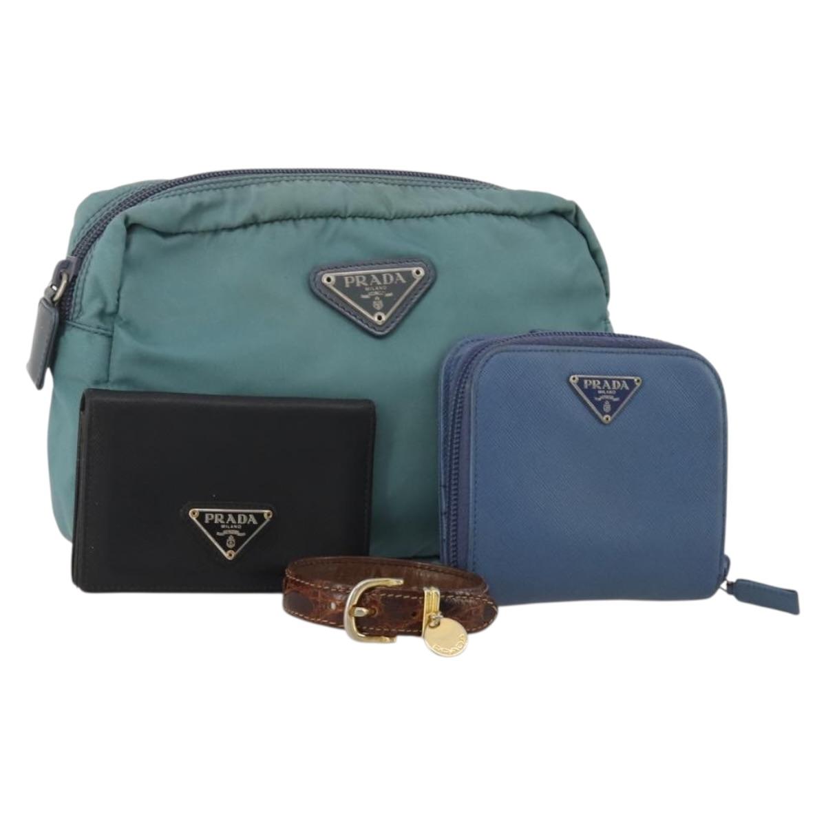 PRADA Pouch Nylon Leather 4 Set Blue Black Brown Auth 190016