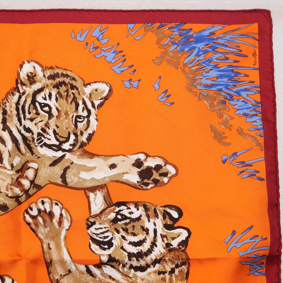 HERMES Carre 45 Scarf ""Les Tigreaux"" Silk Orange Auth 190026SAM