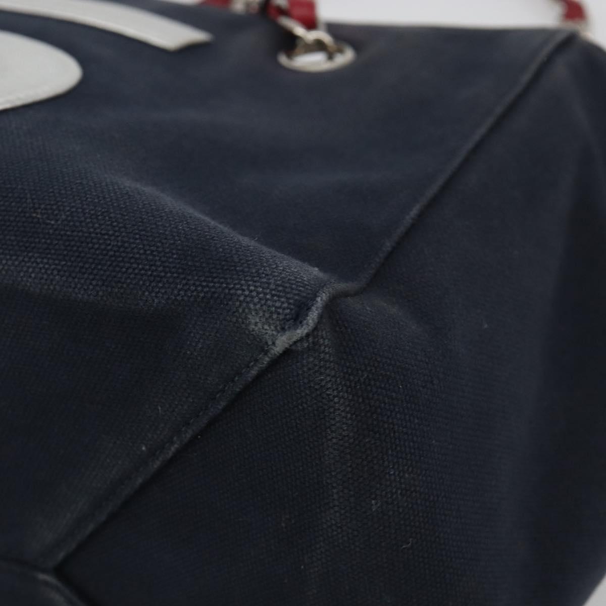 CHANEL Choco Bar Chain Shoulder Tote Bag Canvas Navy Silver CC Auth 190045A