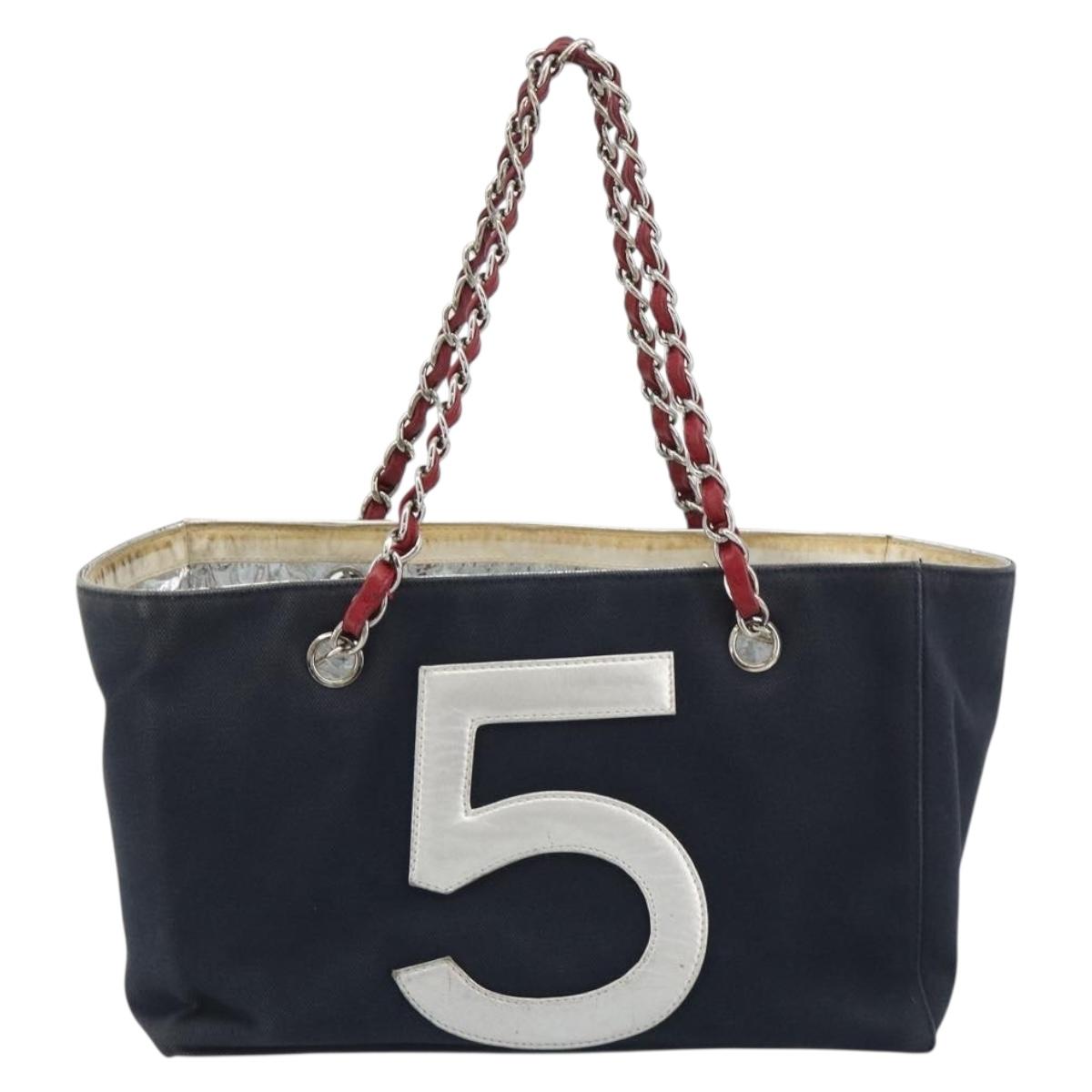 CHANEL Choco Bar Chain Shoulder Tote Bag Canvas Navy Silver CC Auth 190045A