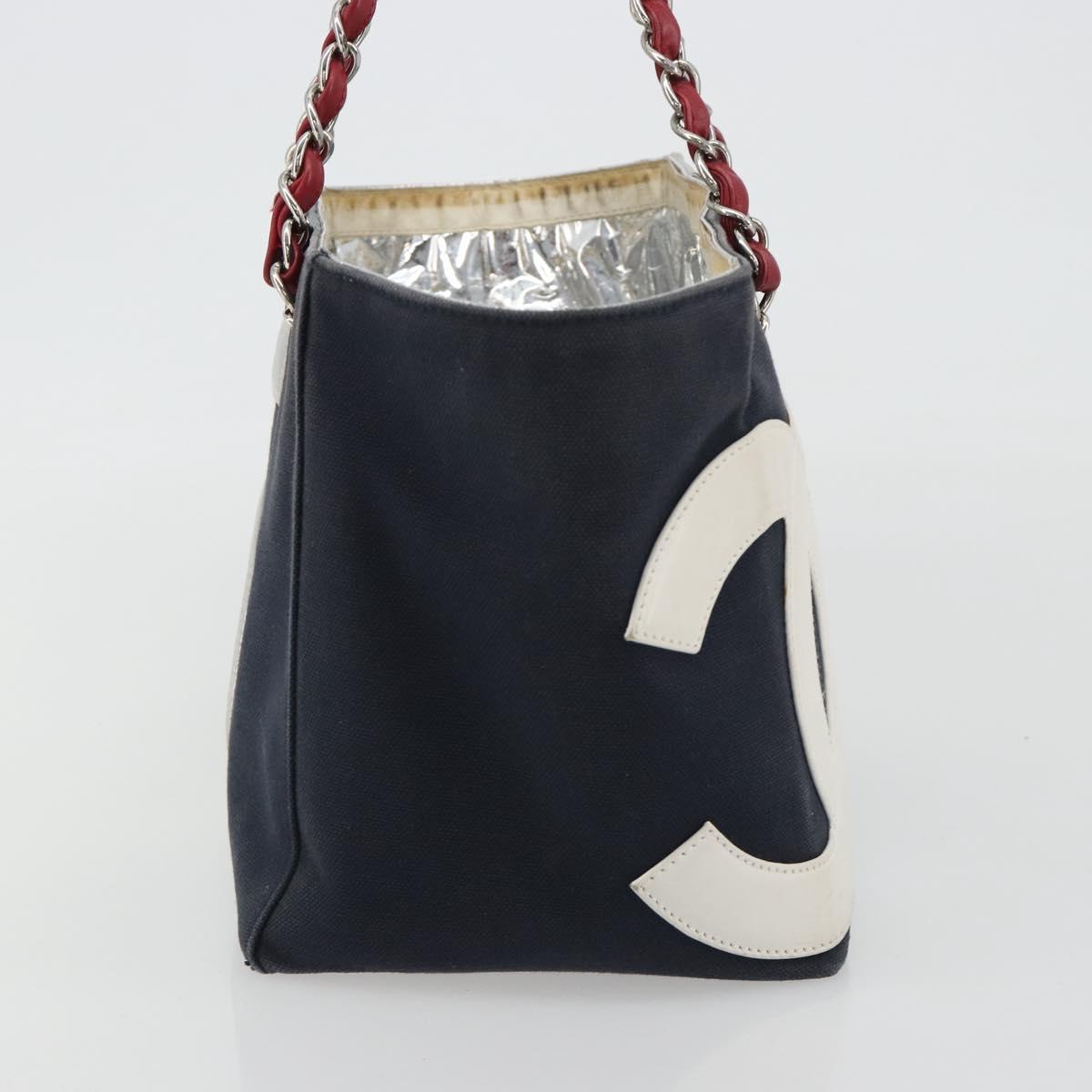 CHANEL Choco Bar Chain Shoulder Tote Bag Canvas Navy Silver CC Auth 190045A
