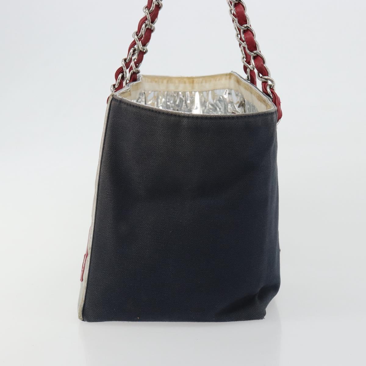 CHANEL Choco Bar Chain Shoulder Tote Bag Canvas Navy Silver CC Auth 190045A