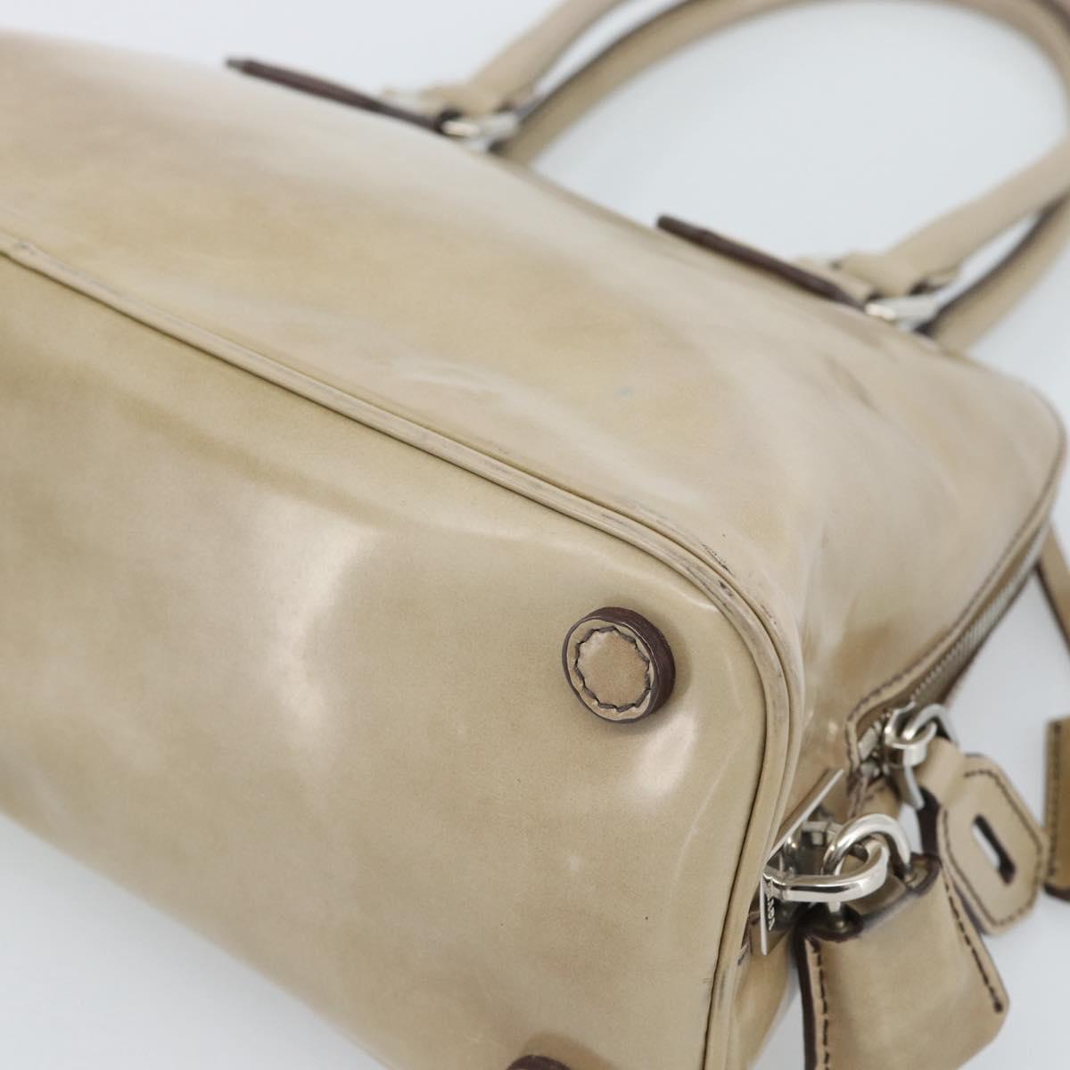 PRADA Hand Bag Patent Leather Beige Silver Auth 190075A