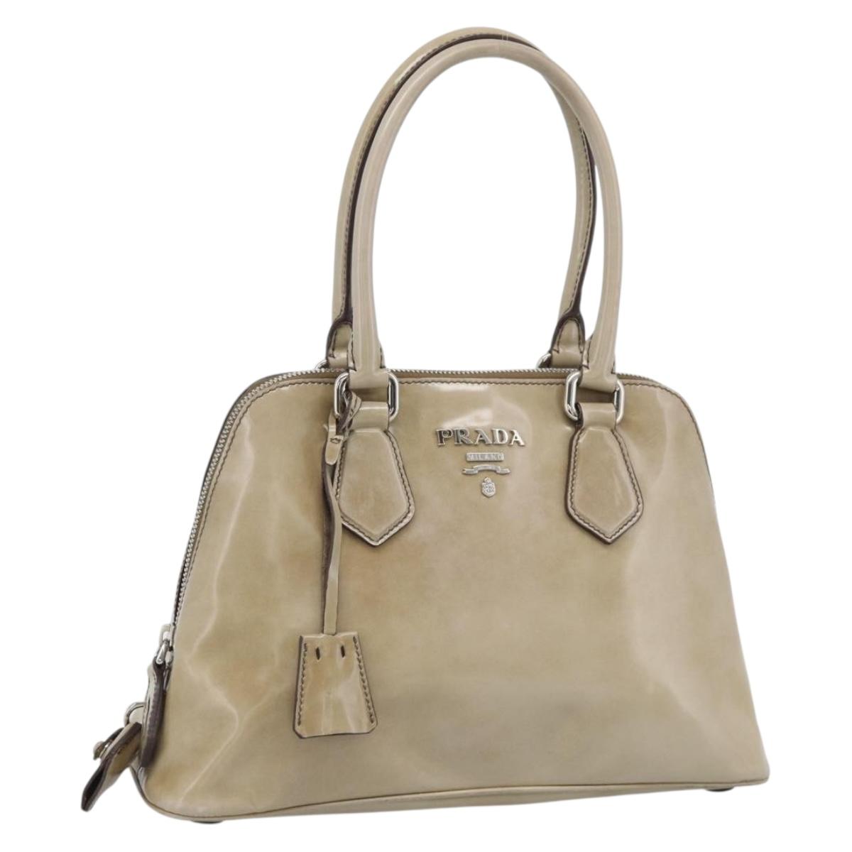 PRADA Hand Bag Patent Leather Beige Silver Auth 190075A