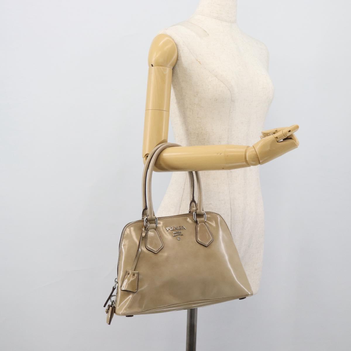 PRADA Hand Bag Patent Leather Beige Silver Auth 190075A
