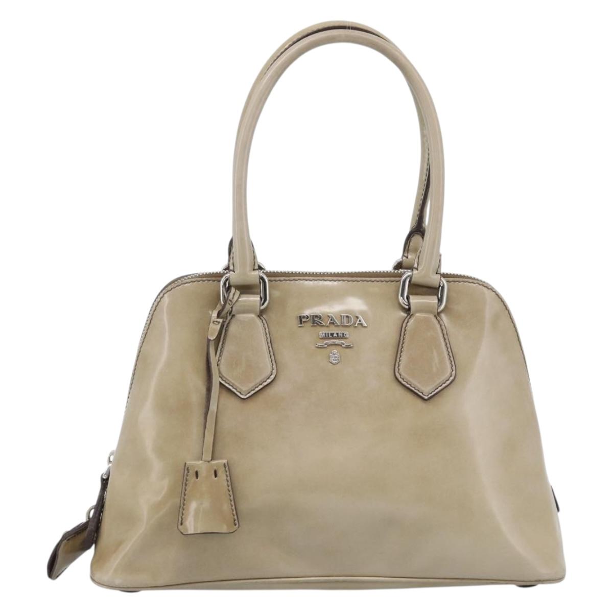 PRADA Hand Bag Patent Leather Beige Silver Auth 190075A