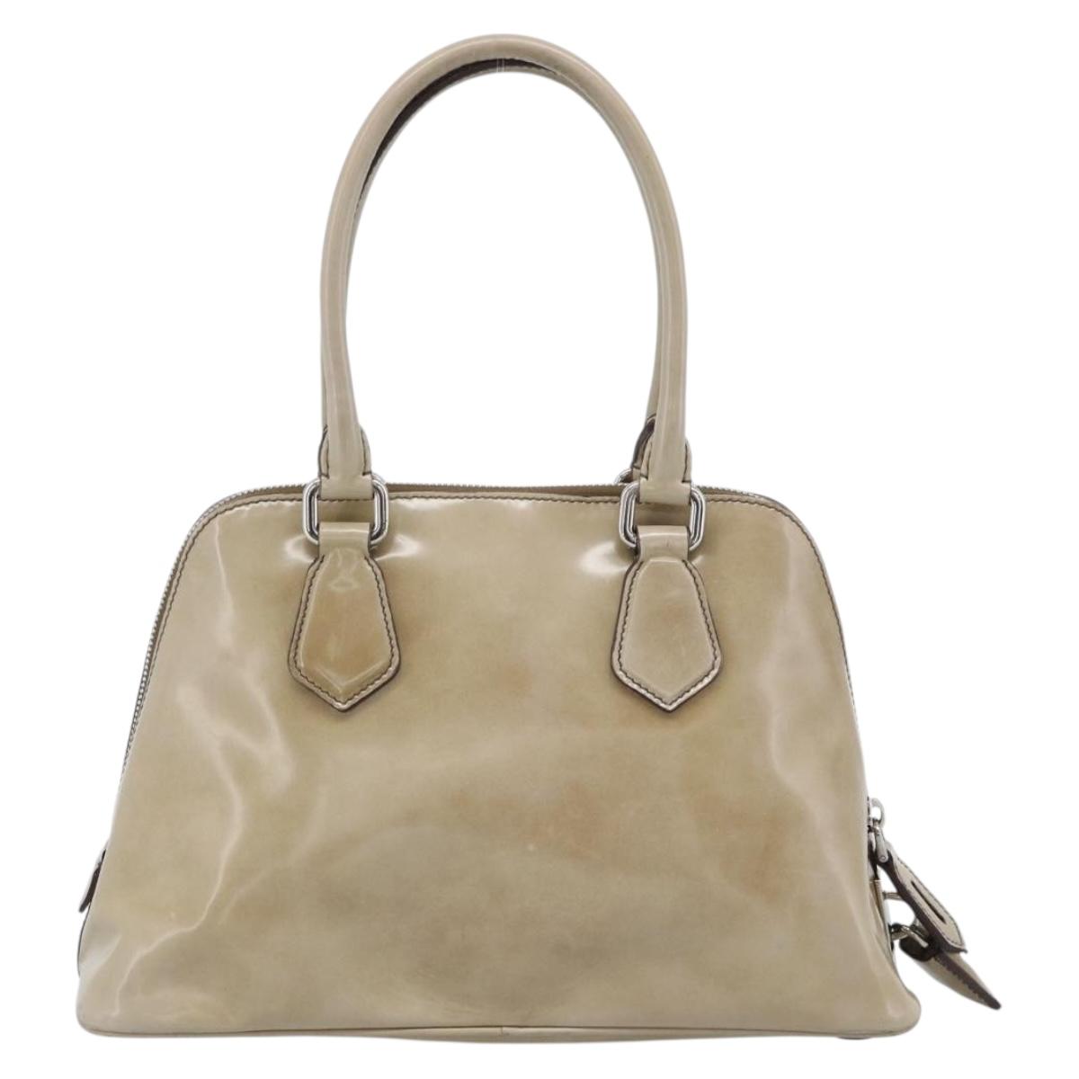 PRADA Hand Bag Patent Leather Beige Silver Auth 190075A
