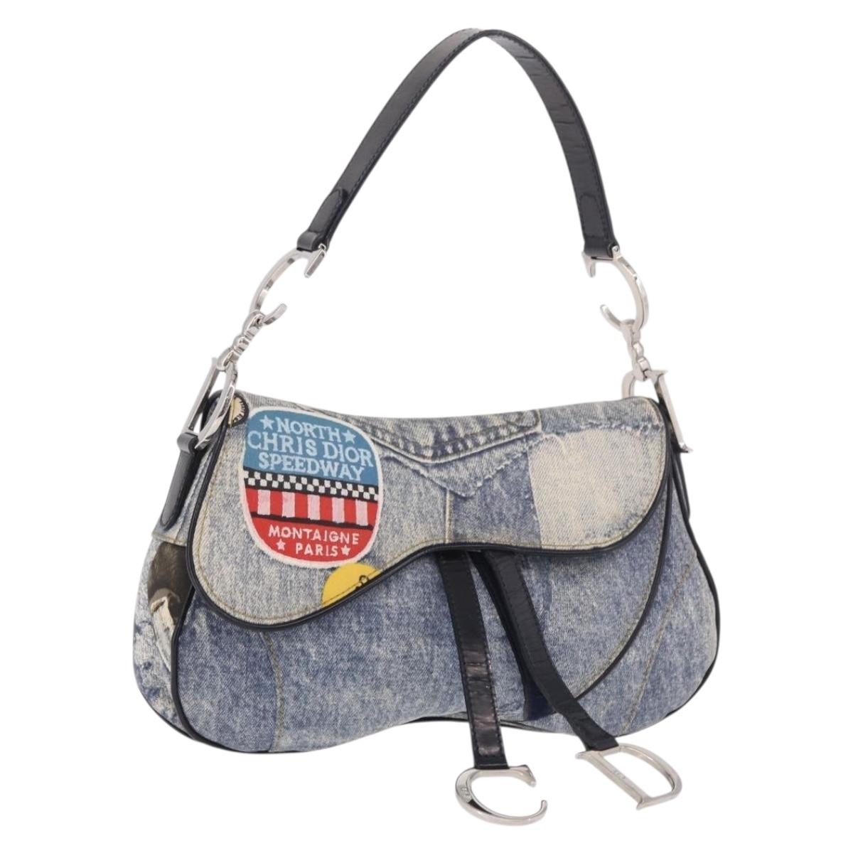 Christian Dior Double Saddle Hand Bag Denim Blue Silver Auth 190088SAM