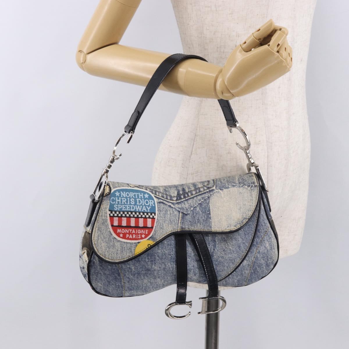Christian Dior Double Saddle Hand Bag Denim Blue Silver Auth 190088SAM