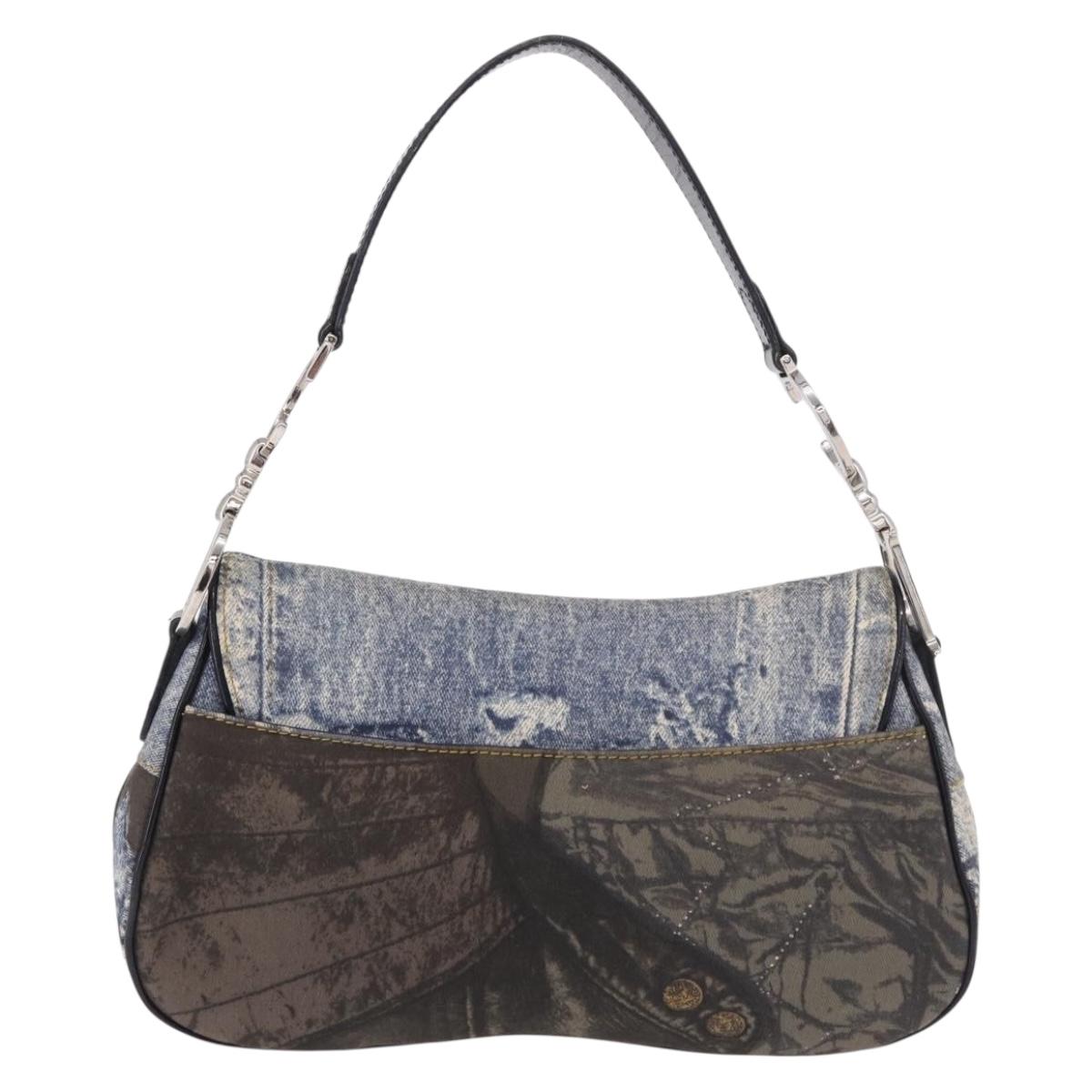 Christian Dior Double Saddle Hand Bag Denim Blue Silver Auth 190088SAM