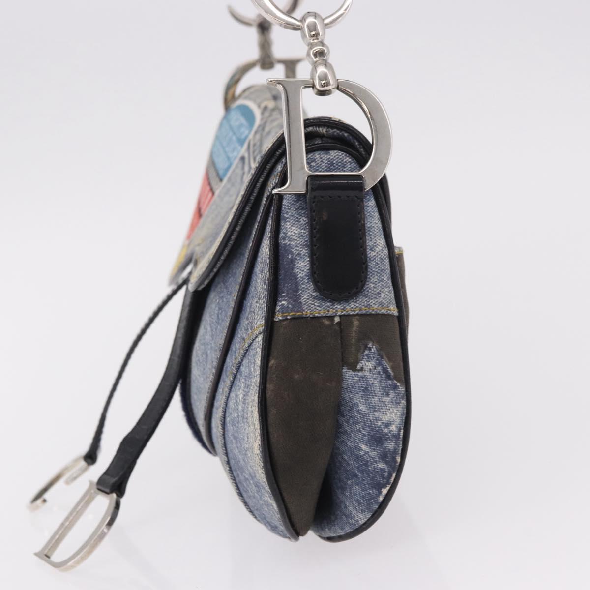 Christian Dior Double Saddle Hand Bag Denim Blue Silver Auth 190088SAM
