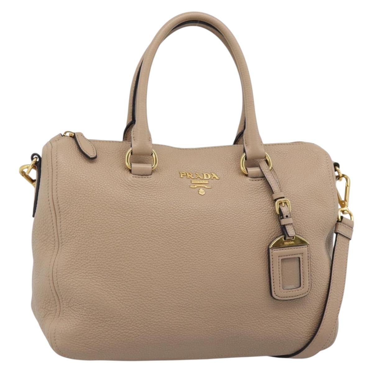 PRADA Hand Bag Leather 2way Beige Gold Auth 190092V
