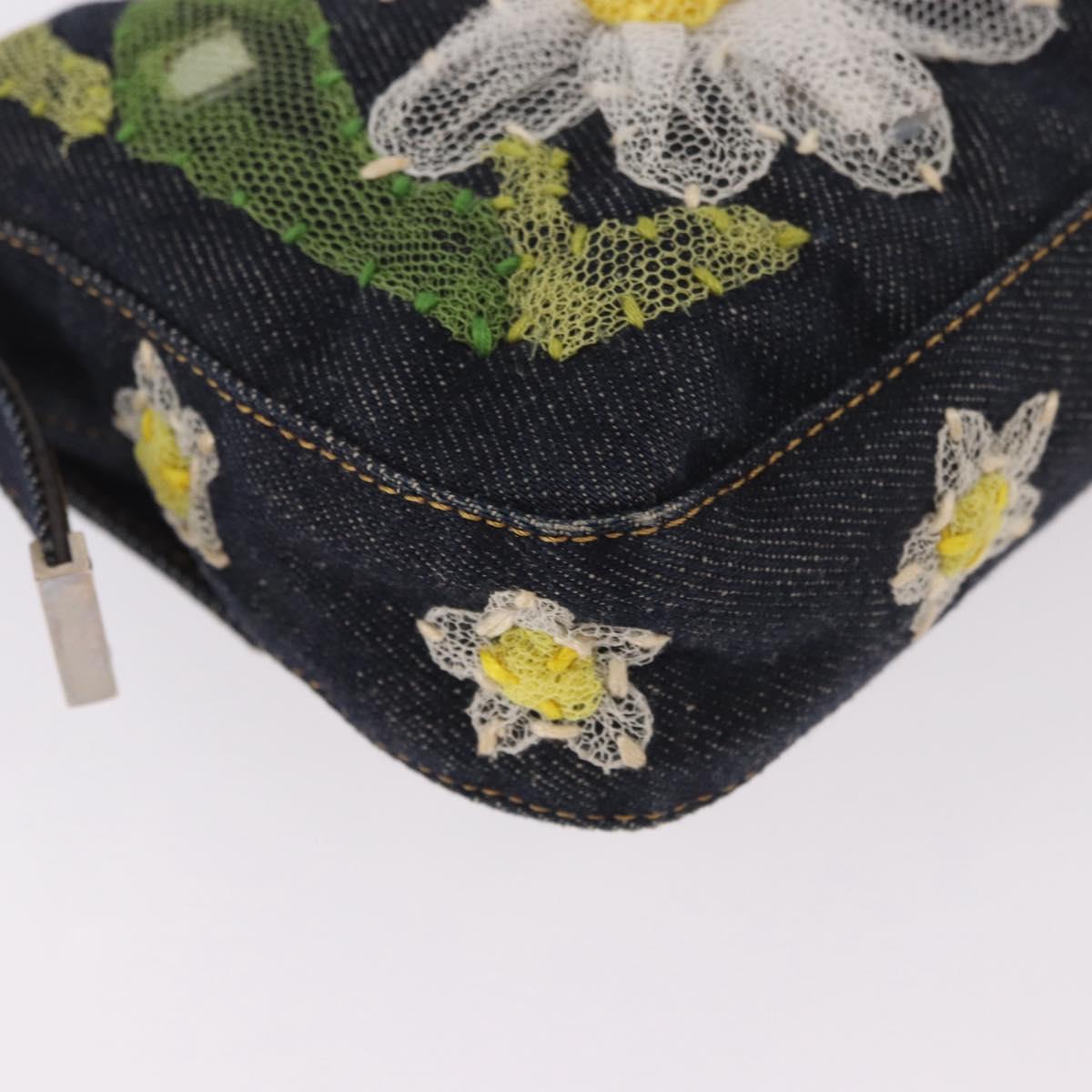 FENDI Mamma Baguette Bag Denim Flower Embroidery Navy Silver Auth 190100SAM