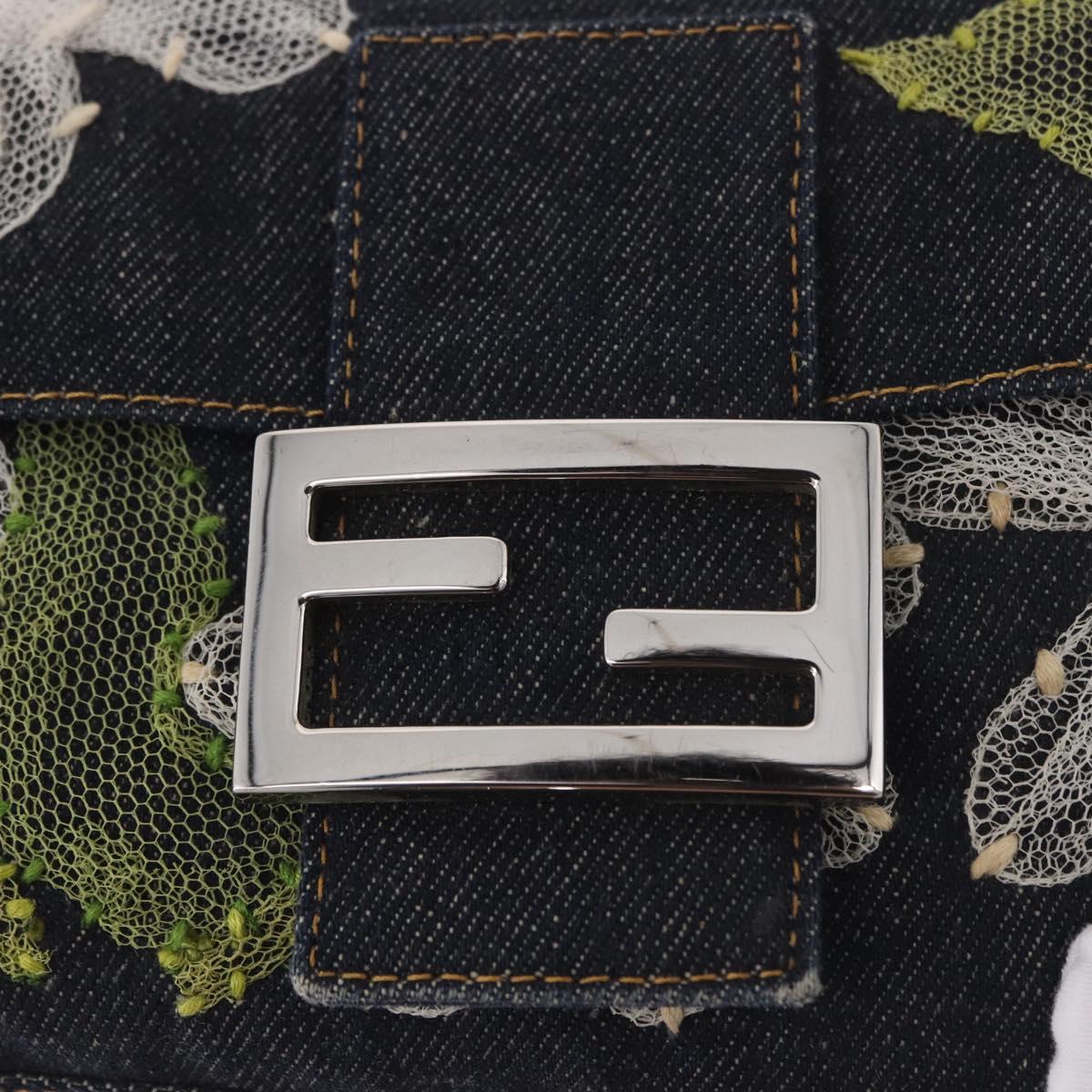 FENDI Mamma Baguette Bag Denim Flower Embroidery Navy Silver Auth 190100SAM