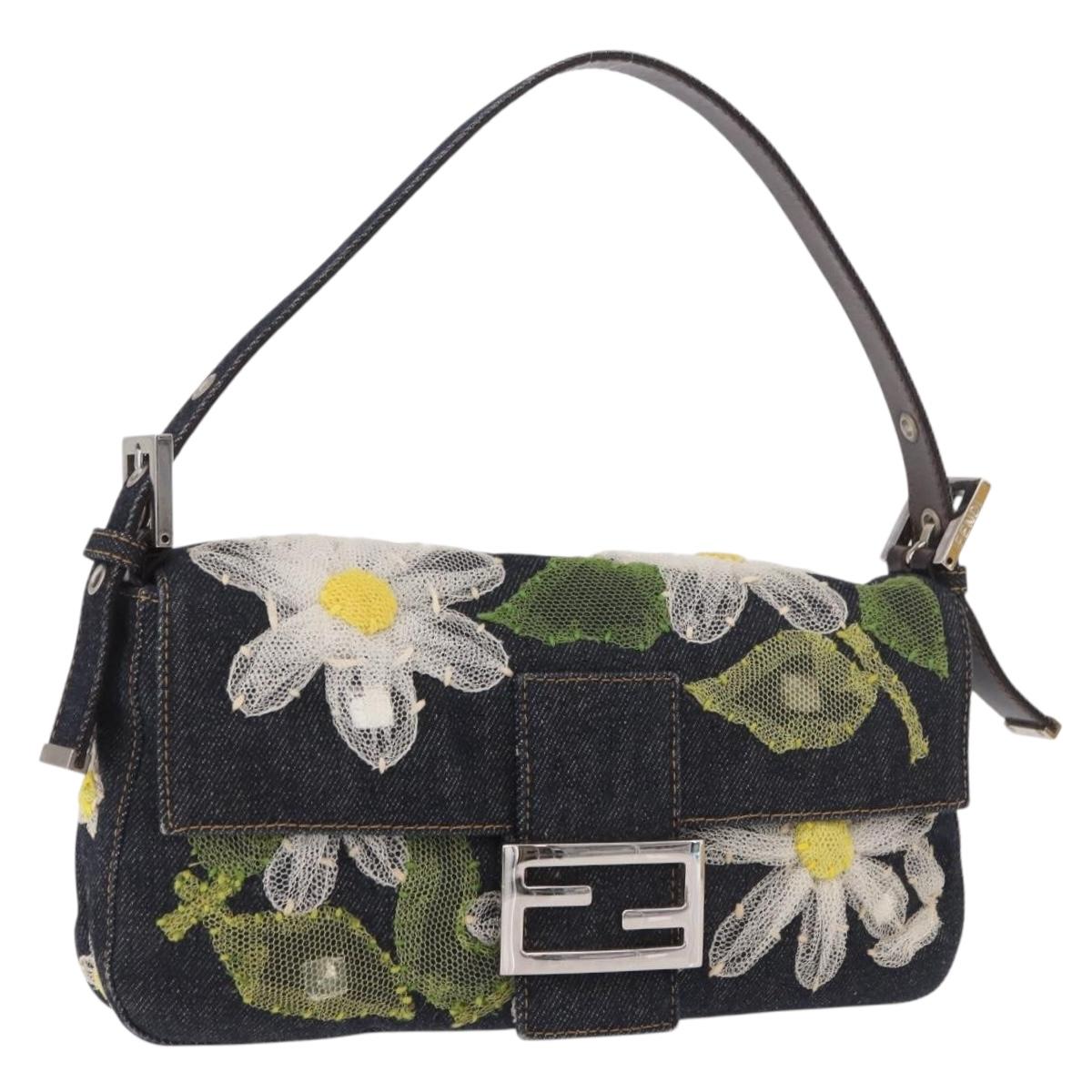 FENDI Mamma Baguette Bag Denim Flower Embroidery Navy Silver Auth 190100SAM