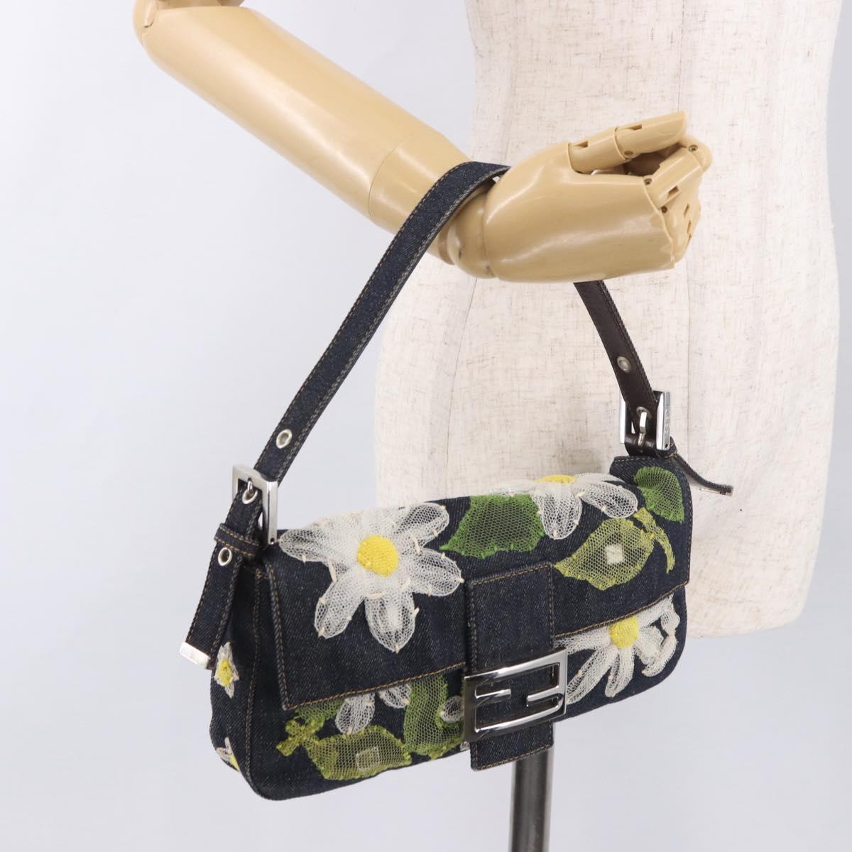 FENDI Mamma Baguette Bag Denim Flower Embroidery Navy Silver Auth 190100SAM