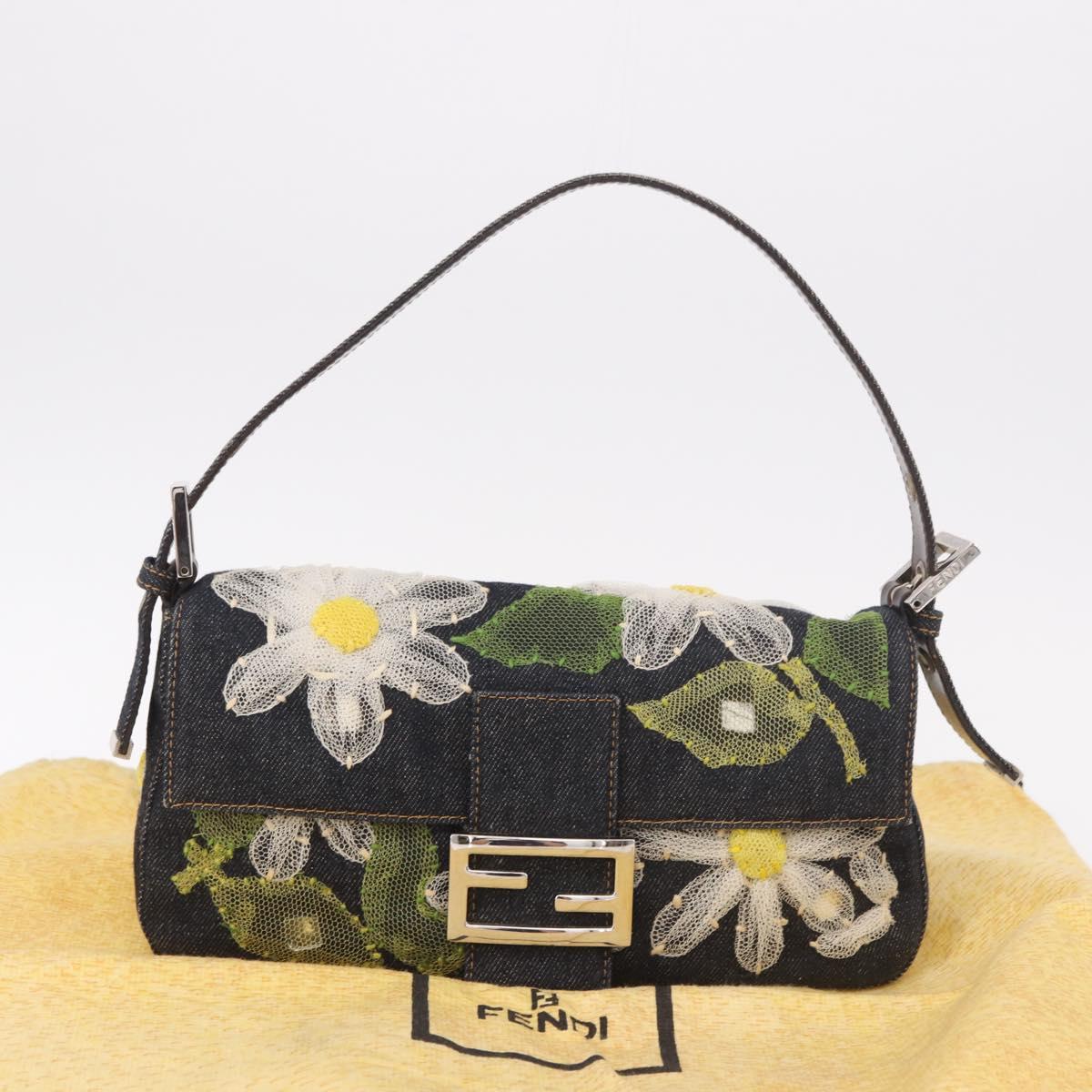 FENDI Mamma Baguette Bag Denim Flower Embroidery Navy Silver Auth 190100SAM