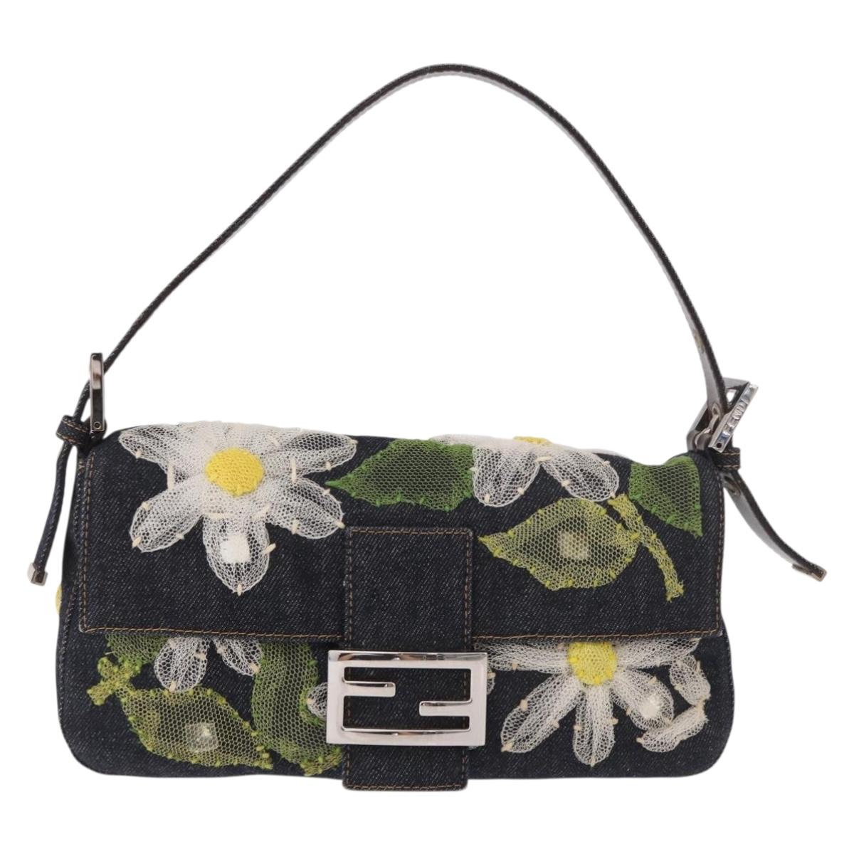 FENDI Mamma Baguette Bag Denim Flower Embroidery Navy Silver Auth 190100SAM