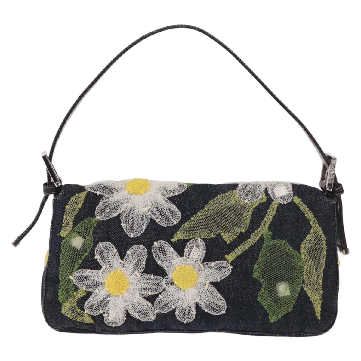 FENDI Mamma Baguette Bag Denim Flower Embroidery Navy Silver Auth 190100SAM