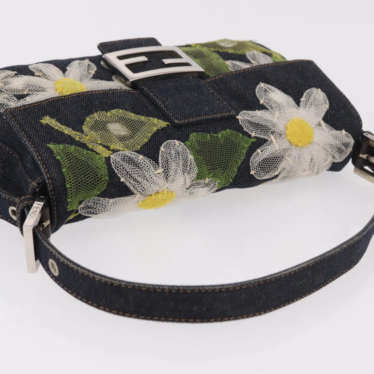 FENDI Mamma Baguette Bag Denim Flower Embroidery Navy Silver Auth 190100SAM