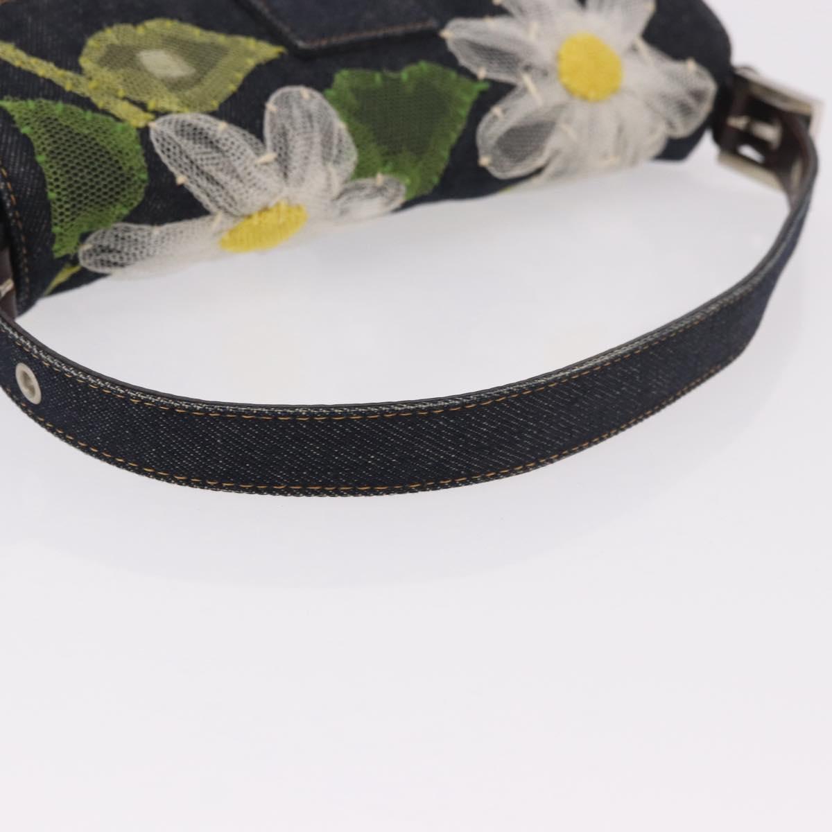 FENDI Mamma Baguette Bag Denim Flower Embroidery Navy Silver Auth 190100SAM