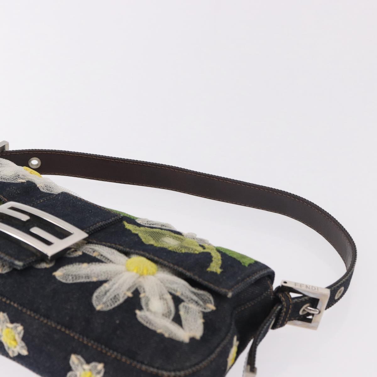 FENDI Mamma Baguette Bag Denim Flower Embroidery Navy Silver Auth 190100SAM