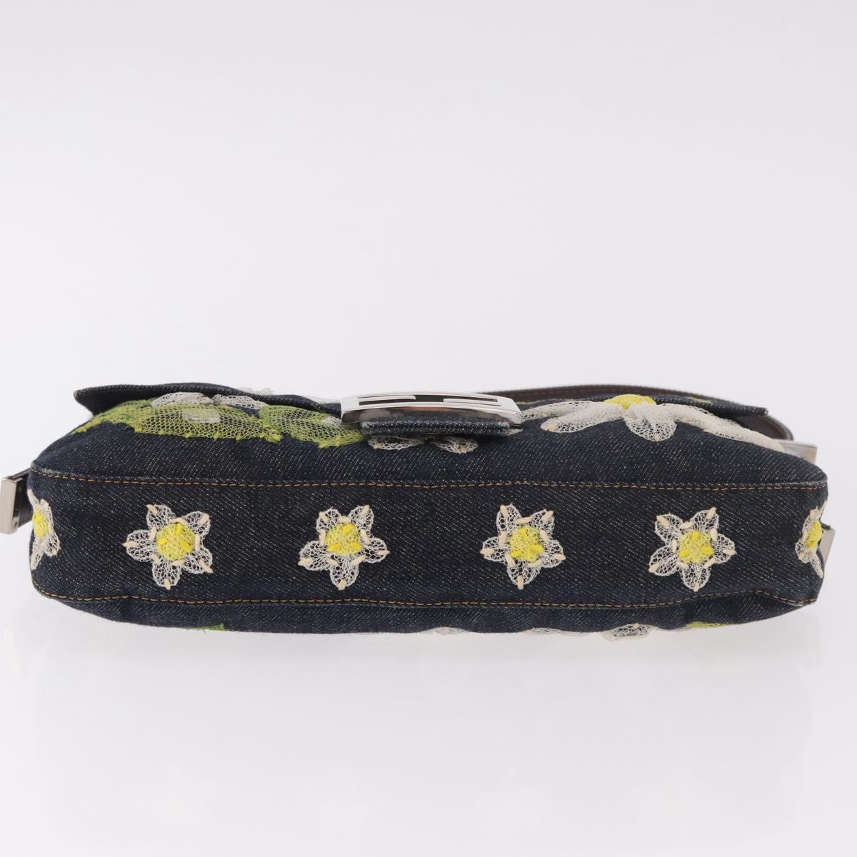 FENDI Mamma Baguette Bag Denim Flower Embroidery Navy Silver Auth 190100SAM
