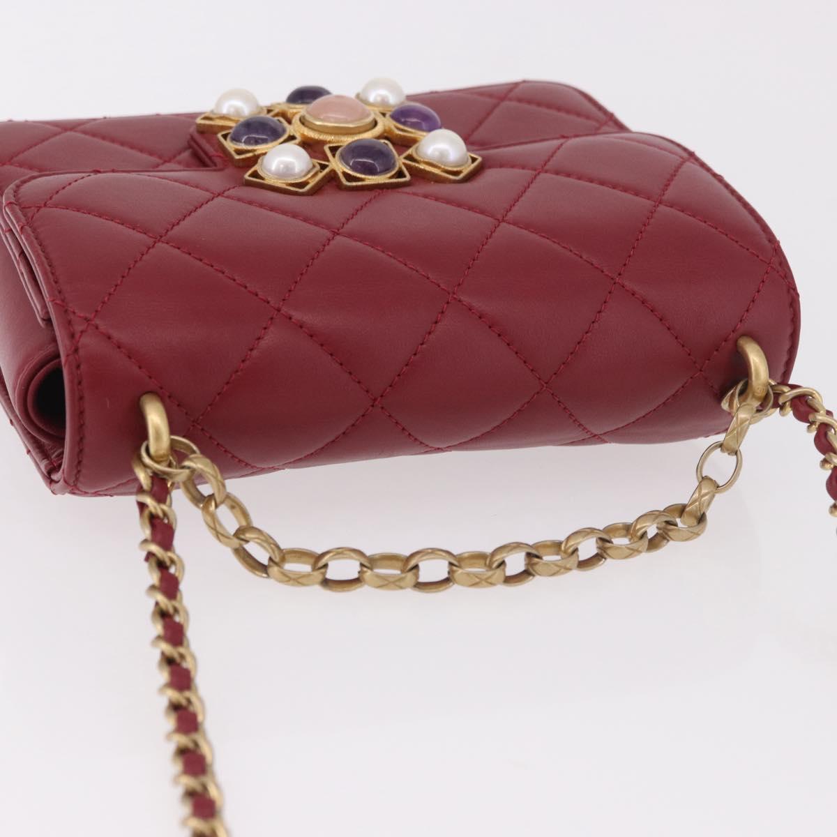 CHANEL Matelasse Chain Shoulder Bag Lamb Skin Red Gold CC Auth 190119SAM