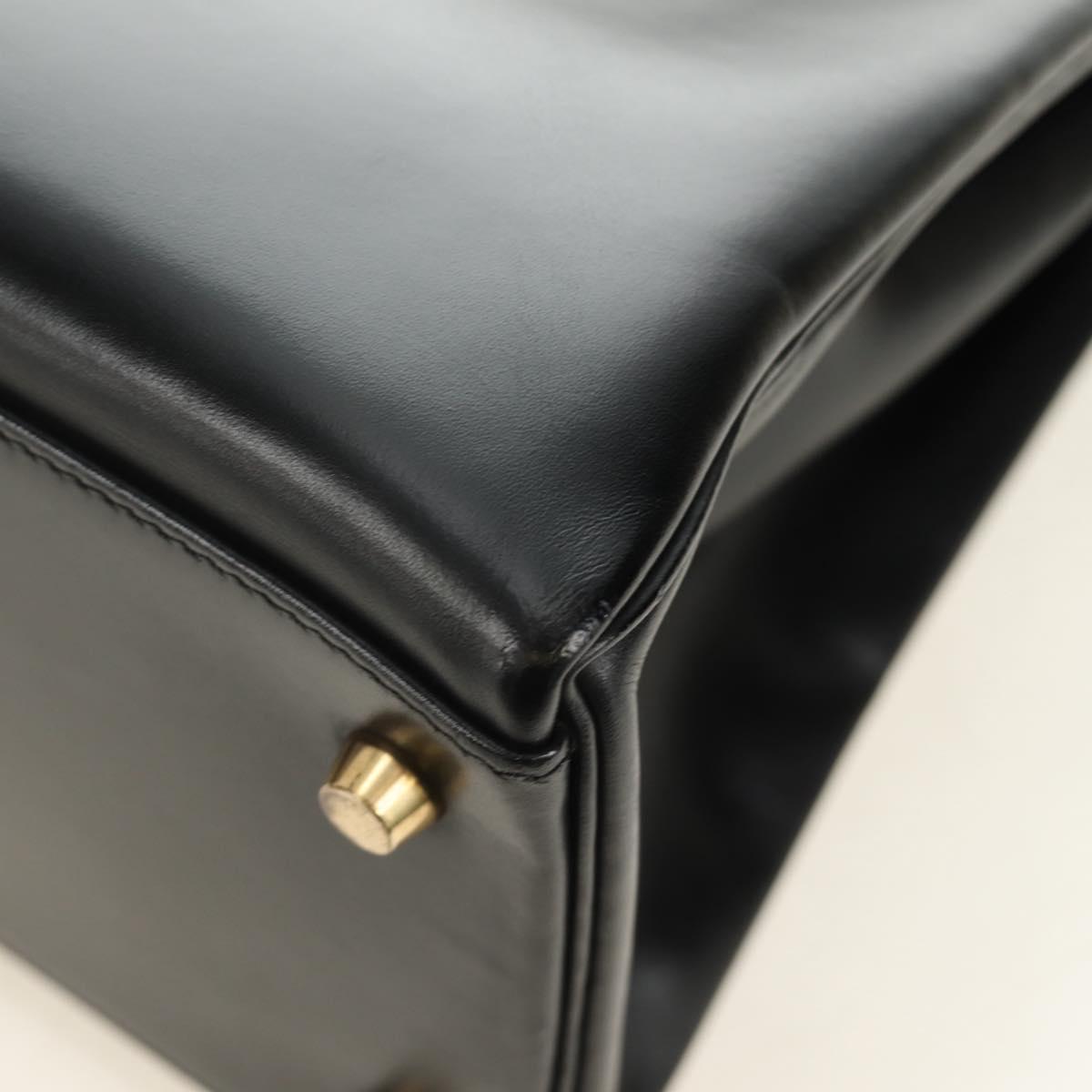 HERMES Box Calf Kelly 32 Hand Bag Leather 2way Black Gold Auth 190133SM
